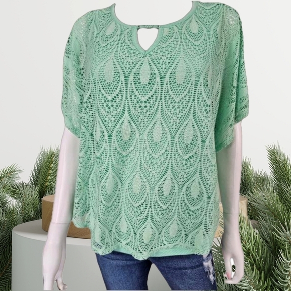 JM Collection Batwing Faux Lace Overlay Short Sleeve Tunic Size PM - Picture 2 of 11